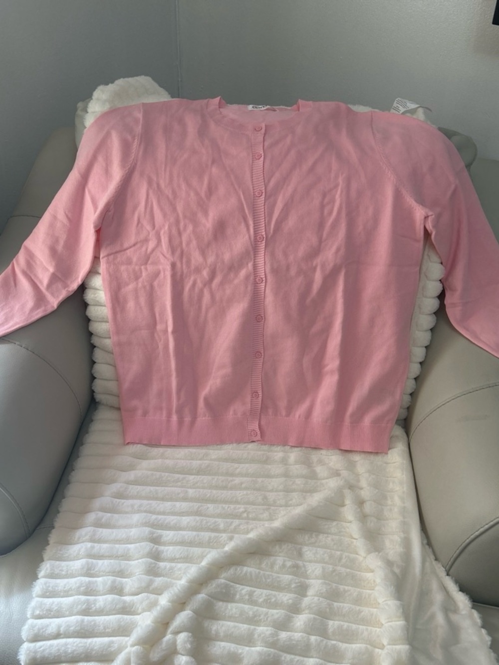 Classic Light Pink Button-Front Crewneck Cardigan